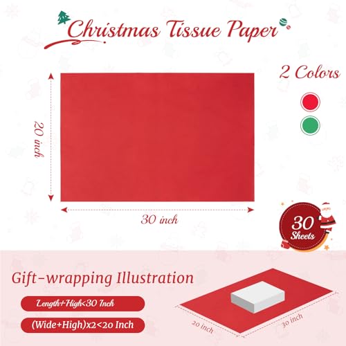 Image of Simetufy Christmas Tissue Paper for Gift Bags, 30 Sheets 20 x 30 Inches Christmas Tissue Paper Sheets Bulk, Red and Green for Gift Wrapping, Crafts, Birthday, Wedding, Holiday Decor and DIY
