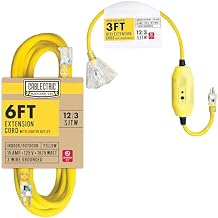 6ft Heavy Duty Extension Cord, 12/3 Lighted Plug Yellow SJTW Weatherproof 3 Prong Grounded Plug & 3Ft Outdoor GFCI Extension Cord Pigtail 15Amp 12/3 SJTW Heavy Duty Gauge Lighted Yellow