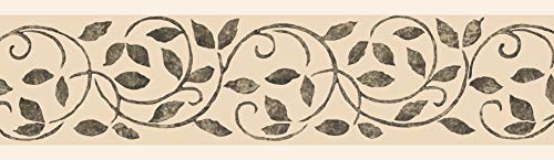 Dundee Deco Ddazbd9083 Peel And Stick Wallpaper Border - Damask Dark Grey, Beige Scrolls, Leaves Wall Border Retro Design, 15 Ft X 7 In (4.57M X 17.78Cm), Self Adhesive #TOP1