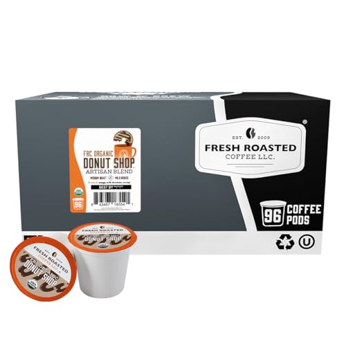 Fresh Roasted Coffee, Organic Donut Shop | USDA Organic, Kosher | Medium Roast 96 Pods for K Cup Brewers