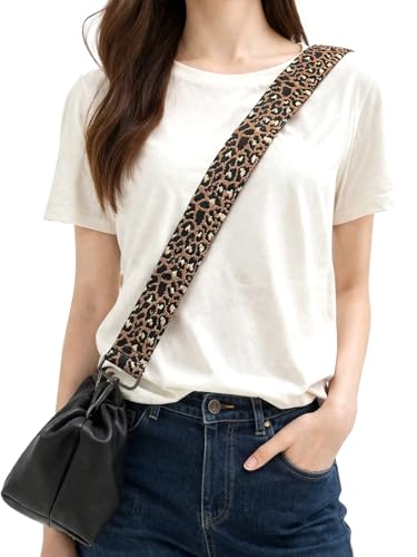 Image of Brown Black Leopard Purse Strap with Silver Hardware 1-1 /2 Inch Wide Replacement Crossbody Guitar Style Shoulder Strap for Handbags Totes