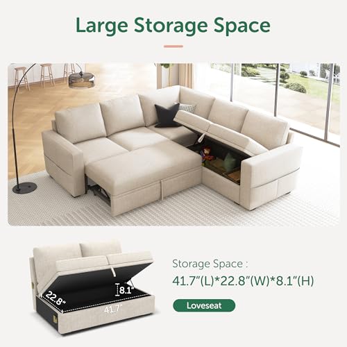 Image of HONBAY Modular Sectional Sleeper Sofa with Pull Out Bed, L Shaped Couch with Storage Seat, Convertible Sectional Couches for Living Room, Beige