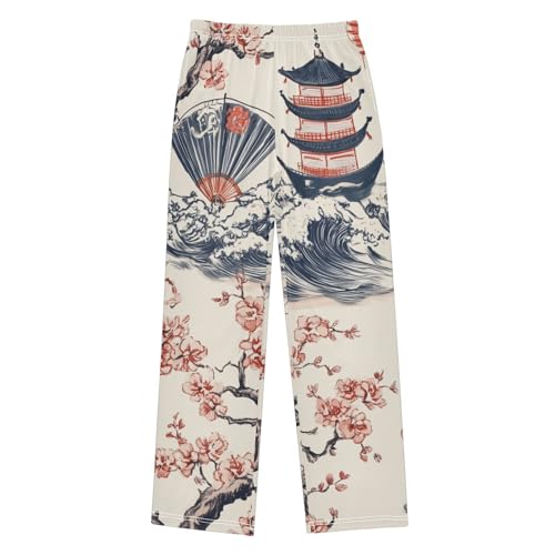Chinese Sun and Floral Boys Long Pants Soft Trousers Elastic Waist Kids Lounge Bottoms with Pockets S-XL