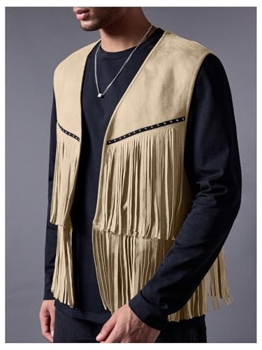 Image of OYOANGLE Men's Casual Suede Top Shirt Boho Fringe Trim Open Front Sleeveless Vest Jacket Waistcoat