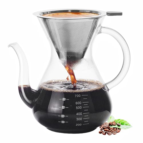 Image of Pour Over Coffee Maker, Permanently Use The Pour Over Coffee Dripper [Newest] Borosilicate Glass Water Bottle Coffee Pot, With Stainless Steel Filter Hand Punch Coffee Pot Set 14oz / 400Ml | Thickened Heat-Resistant Borosilicate Glass Dripper, Double Stainless Steel Filter, Hand Punch Coffee Pot Set