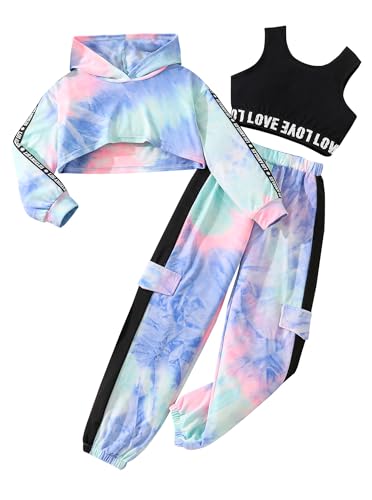 Image of Hilinker Girls Graphic 3 Piece Outfits Workout Hoodie Crop Tank and Sweatpants Set