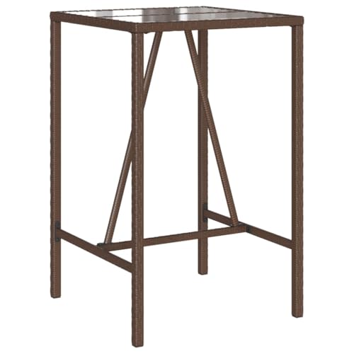 Mhdvray Table de Bar d'Extérieur en Résine Tressée Marron 70x70x110 cm, Mange-Debout Haut de Jardin avec Plateau en Verre Trempé Noir et Cadre en Acier...