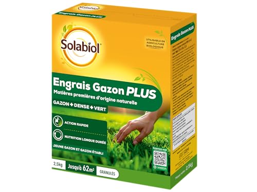 SOLABIOL Engrais Gazon Plus - 2,5 kg - Granulés - Jusqu'à 62m² - Nutrition Longue Durée - Gazon Dense & Vert - Action Rapide - Utilisable En Agriculture Biologique SOGAZPLUS25