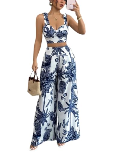 THLAI Summer Women 2 Piece Outfits Print V-Neck Cami Crop Top and Smocked Wide Leg Pants Set Vacation Outfits