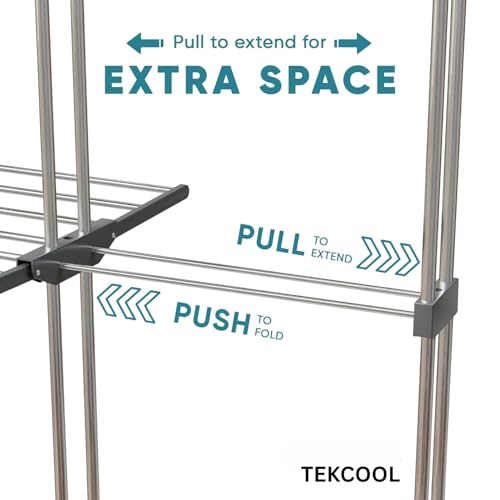 Image of TEKCOOL Expandable Clothes Drying Stand for Home|Cloth Dryer Stand with Wheel|Cloth Stand for Drying Clothes Foldable|Stainless Steel Clothes Hanging Stand|Cloth Rack for Balcony(3 Layer, Grey);