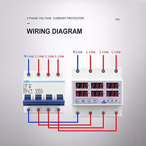 AC230-300V Trifásico Carril DIN Voltímetro Amperímetro Sobretensión Protector contra Sobrecorriente Restablecimiento Automático Pantalla Digital Voltaje Corriente Tiempo Real(63A)
