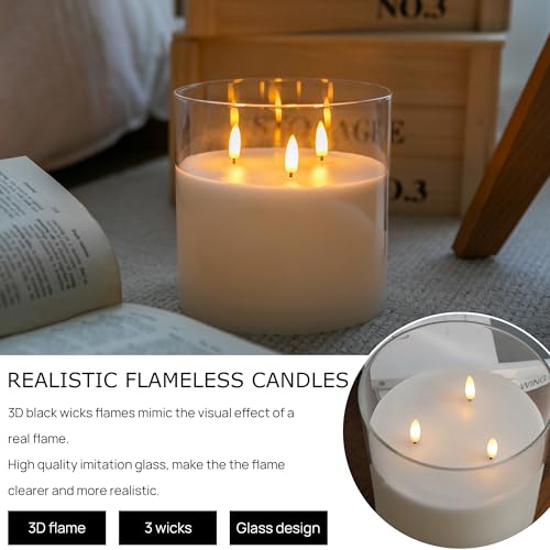 Afineth FYD-3D3G-D150-L150-1CR Extra Large Flameless Candles With 3 Wicks, 6 Inchx6 Inch Glass Battery Operated Candles With Remote, Real Wax Flickering Led Candles Fake Candles For Home, Wedding, Party, Clear thumb #2