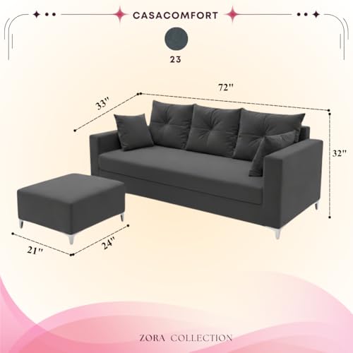 Image of Zora 4 Seater L Shape Sofa Set with Movable Ottomans | Flexible Layout | Rich Velvet Suede Fabric | Silver Legs | Dual Tone Modern Sofa for Living Room (Dark Grey)
