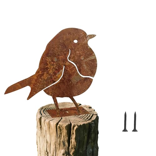 QACUU Rusty Metal Robin Silhouette Sculpture Garden Ornaments Outdoor, Lifelike Vintage-Style Bird Garden Ornament, Fence Topper Decoration with Screws for Yard Patio Lawn Ornaments Outdoor