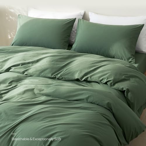 Image of JELLYMONI Duvet Cover Queen Size - Washed Cotton Comforter Cover with Linen-Like Texture,Breathable & Soft Bedding for Modern Home,Guest Room and Everyday Use,Dusty Green 1 Duvet Cover & 2 Pillowcases