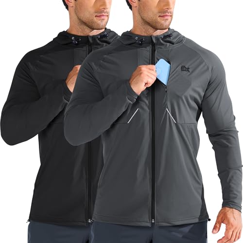 BROKIG Mens Aerolight Running Jacket, Lightweight Gym Tracksuit Hoodies Windbreaker Hiking Hooded Sweatshirts Zip Up (Medium, Black+Dark Grey)