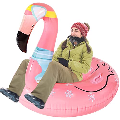 Parentswell Flamingo Snow Tube Sled, 47" Giant Inflatable Snow Sleds With Handles, Double-Layer Heavy Duty Snow Tubes Winter Toys For Kids Adults #TOP4