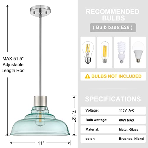 Leading Lighting 1 Light Hanging Indoor Kitchen Island Pendant Lights 11" Ancient Green Pagoda Glass Pendant Ceiling Light Fixtures Brushed Nickel Finish Modern Farmhouse Dinning Over Sink #TOP3