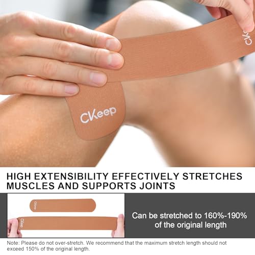 Image of CKeep Kinesiology Tape, 2 Rolls 2 Inch Wide Elastic Precut Strips, Beige | Cotton Latex Free Hypoallergenic Breathable Athletic Tape, Sticky & Waterproof Kinetic Tape for Joint Support Injury & Sprain