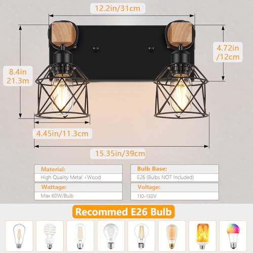 Image of FadimiKoo 2-Light Farmhouse Bathroom Vanity Light Fixtures, Wood Bathroom Lighting Over Mirror, Black Rustic Sconces Wall Lighting with Metal Lampshade for Living Room, Bedroom, Hallway