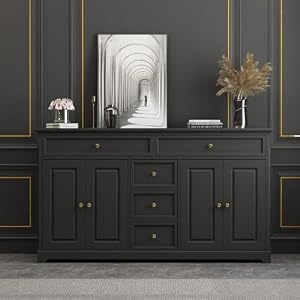 MOUMON Sideboard Credenza with Doors and Shelves, Credenza Sideboard Buffet with Drawers, Buffet Table Home Bar Cabinet for Kitchen Living Room Black (59.1”W x 15.7”D x 33.5”H) MOUMON Sideboard Credenza with Doors and Shelves Credenza Sideboard Buffet with Drawers Buffet Table Home Bar Cabinet for Kitchen Living Room Black 591W x 157D x 335H
