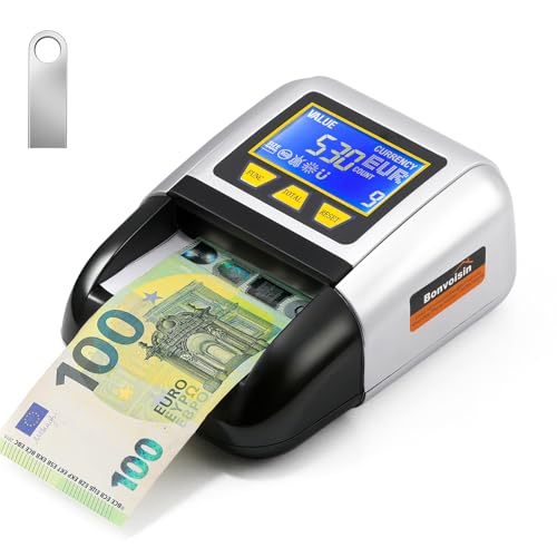 Bonvoisin Detector de Billetes Falsos, Comprobador Billete UV/IR/MG, Portátil Detector con Función Valor Total, Batería Recargable, 4 Orientaciones, Compatible EUR/USD/GBP Etc., Pantalla LCD (A)