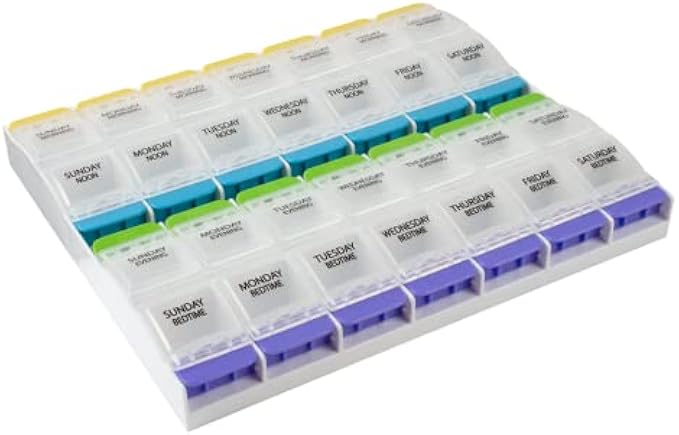 Ezy Dose Weekly (7-Day) Pill Organizer, Vitamin and Medicine Box, 2X-Large Push Button Compartments, 4 Times a Day, Clear Lids