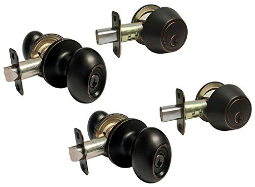 2 Sets Dark Oil Rubbed Bronze Entry Entrance Oval Egg Style Knob With Matching Single Cylinder Deadbolt Combo Pack Kwikset Keyway Keyed Alike #TOP15