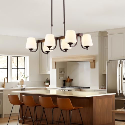 Image of Dining Room Light Fixture Chandelier Over Table,6 Light Kitchen Island Lighting Hanging for Farmhouse Linear Chandeliers Oil Rubbed Bronze Rustic Ceiling Pendant Light with Frosted Glass Shade