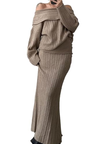 Image of Unybwonn Skirt Sets Women 2 Piece Outfits off the Shoulder Sweater and Knitted Skinny Maxi Skirts Fall Casual Outfits