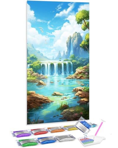 Kit de pintura de diamantes 5D Jumpdot: crea un relajante paisaje de cascada de 70x40 cm