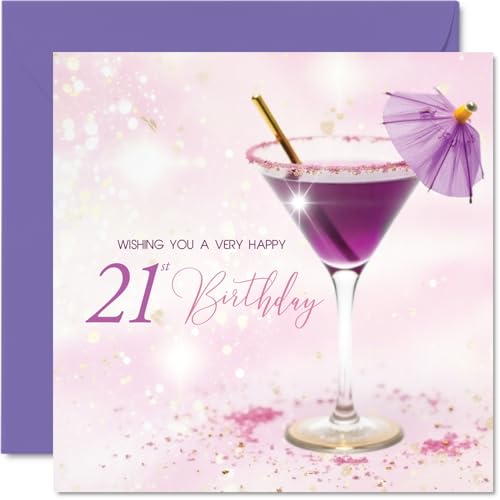 Cartões de aniversário número 21 para mulher, coquetel roxo, cartão de feliz aniversário para mulher de 21 anos, amiga, prima, tia, neta, cartões de felicitação de aniversário de 145 mm