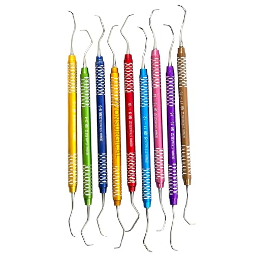 9 Pack - Color Coded Gracey Dental Curettes Periodontal Scalers, Double-Ended, Light-Weight Design - Dental Instruments - German Stainless