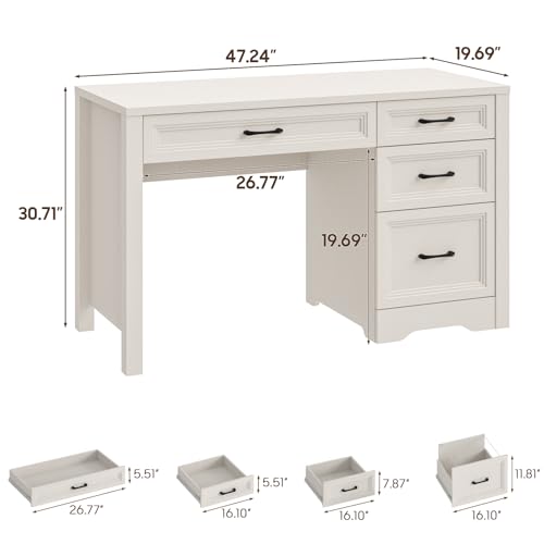 Image of Vabches Farmhouse Executive Desk with Storage and Ample File Drawer, Rustic Large Home Writing Desk for Bedroom, Pure White