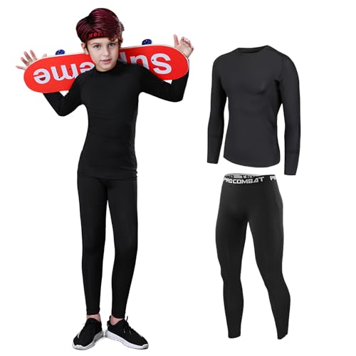 Shengxi Ensemble de sous-vêtement Thermique pour Enfant Fonctionnel De sous-vêtement Thermiques Respirant Sport Thermiques Ensemble Unisexe pour Ski et Football (Noir, 22/105-115 cm)