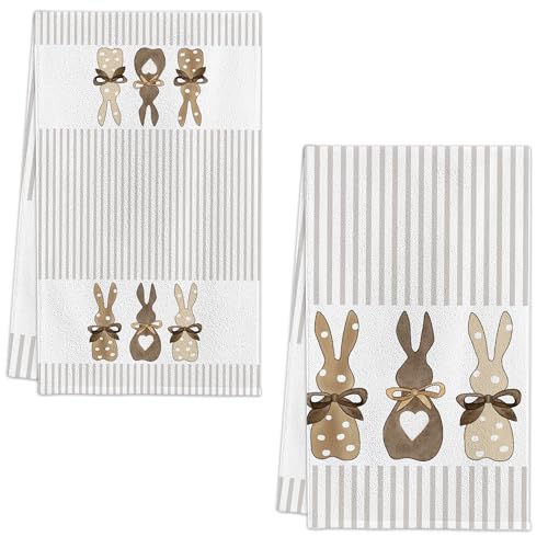 Woaoce Happy Easter Kitchen Towels, Stripe Rabbit Bunny Dish Towels Set of 2, 18x26Inch Drying Dishcloth Farmhouse Holiday Spring Decoration for Bathroom Decor