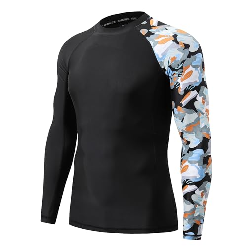 Image of HUGE SPORTS Men's Rash Guard Long Sleeves UPF 50+ UV Sun Protection Quick Drying Splice Compression Swim Shirts