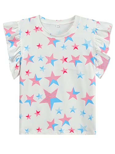 Image of Toddler Girls July 4th Shirts American Flag Ruffle Short Sleeve Patriotic Red White Blue Star Outfits Blouse Tops