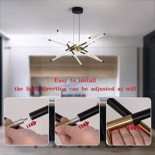 Modern Chandelier,Black And Gold Chandelier 12 Light Led Dimmable Pendant Lights,Easy To Install Ceiling Light 54W Linear Hanging For Dining Room, Kitchen,Bedroom 3000K-6000K With Remote Control #TOP5