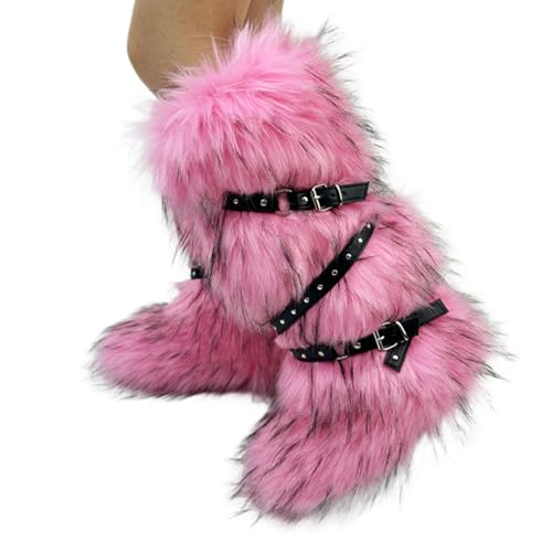 Faux Fur Boots for Women Long Furry Knee High Boots Comfy Plush Warm Snow Boots Fuzzy Outdoor Boots Winter Fluffy Indoor Flat Shoes