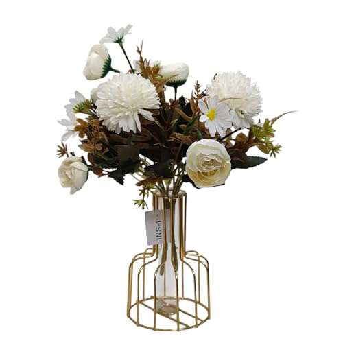Image of CURATED CART Artificial Flowers Bunch - Set of 2 with 9 Mixed Flower Heads Each - Roses, Daisies & Chrysanthemums - Faux Flowers for Vases, Home Decor, Office, Parties (White) (No Vase)