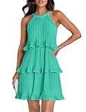 ZESICA Women's 2026 Summer Halter Cocktail Dresses Sleeveless Ruffle Tiered Chiffon Pleated Wedding Guest Mini Dress Aqua Large