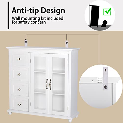 Veikous Sideboard Buffet Cabinet, Coffee Bar Storage Cabinet, Sideboards And Buffets With Storage And 4 Drawers & Glass Doors, Freestanding Kitchen Buffet Console Table For Dining Room, White #TOP4