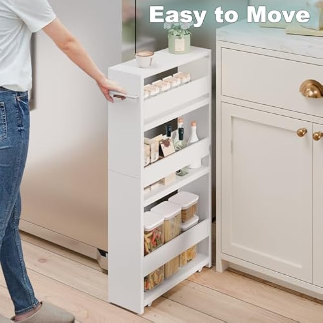 MARTY White Slim Storage Cart with Wheels, 4 Tier Rolling Utility Cart with Handle Slide Out Shelving Unit Organizer Trolley for Laundry Kitchen Bathroom Narrow Places Small Corner-EyM7CBKe
