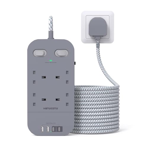Gray Extension Lead 5M, HANYCONY 4 Way Surge Protected Power Strip with 2 USB C Slots, Extension Cable with Double Switches, Plug Extension Socket 5M Braided Extension Cord for Home Office Accessories