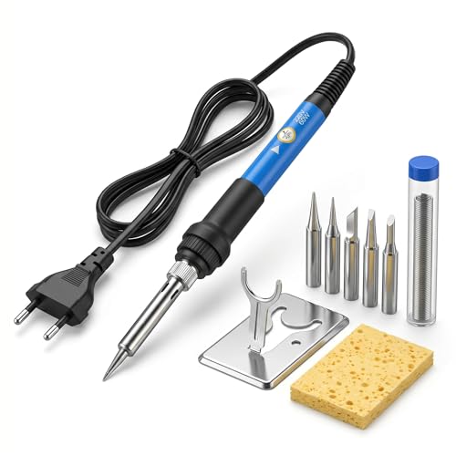 kit soldador de estaño profesional 9 piezas, 60W temperatura ajustable 200-450°C, con 5 puntas, soporte Y, esponja y 8g alambre, kit de soldadura para electrónica y reparaciones