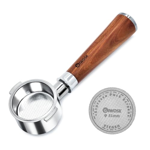 GIWOSK 51mm Bottomless Portafilter 2 Ears Espresso Portafilter Compatible with Delonghi ECP3420/EC155/BCO430/EC260 with Puck Screen Stainless Steel Filter Basket and Rosewood Handle