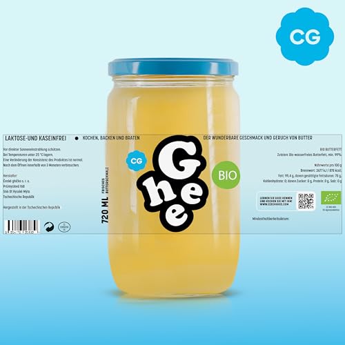 Ghee Butter BIO 600 g Reich an Vitaminen und Omega 3 6 Fettsäuren Great Taste Zertifikat Laktosefrei Ideal zum Braten Backen Ohne Zusatzstoffe Authentisches Ayurveda Ghee Butter 100% Europäisch