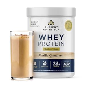 Ancient Nutrition Grass Fed Whey Protein + Fat Loss Blend, Vanilla Cinnamon, 23g Protein, Promotes Fat Loss and Boost Metabolism, Organic Regenerative A2/A2 Milk Protein,18 Servings