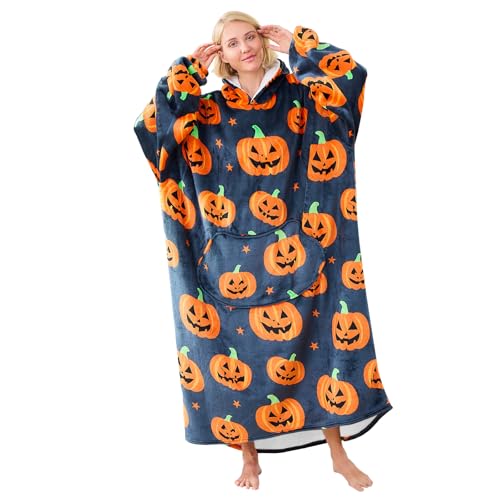 Wearable Blanket Hoodie Long Thick Hooded Blanket Oversized for Adults Women Men with Pocket and Sleeves Halloween Grey Pumpkin